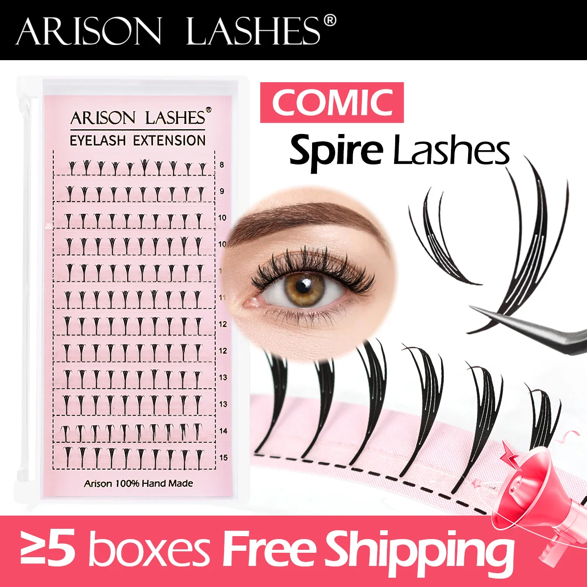ARISON Comic Spire Lashes Automatic Flowering Individual Volume Eyelashes Extensions Customized Premade Fan False Lash For DIY