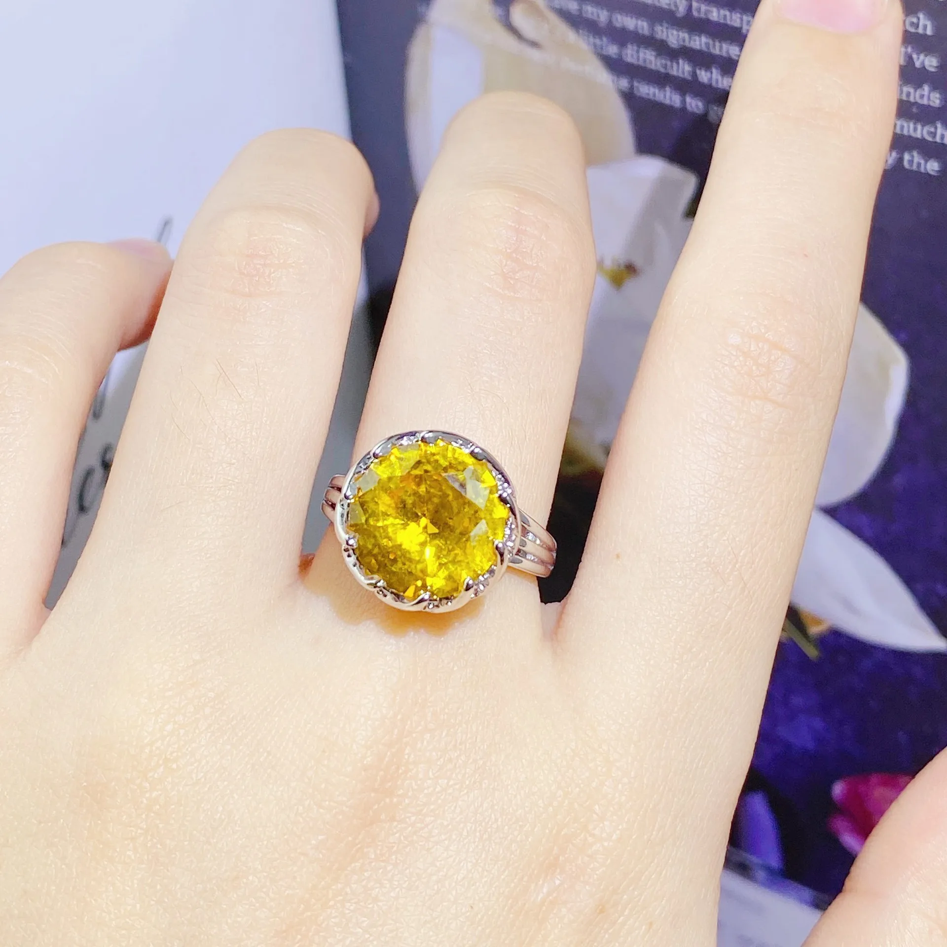 DIY accessories Live stream explosion full diamond lotus ring 7.5 carats lucky yellow diamond technology diamond colored treasur