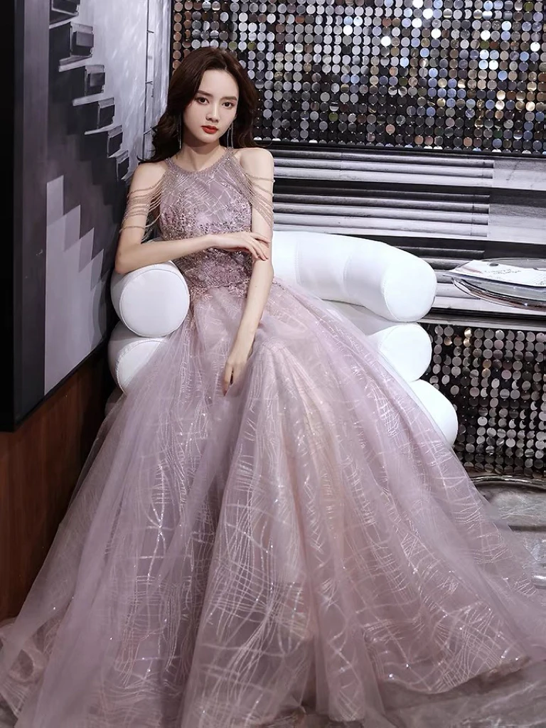 Abiti da sera con scollo all'americana viola chiaro A-line con perline con nappe Appliques Abiti da ballo lunghi per feste di compleanno in tulle senza schienale con paillettes