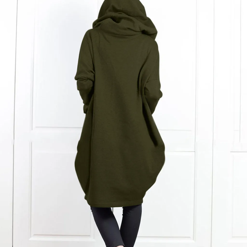 Damen-Kapuzenpullover mit Taschen, Reißverschluss, mittellanger, lockerer Mantel, zweiteiliger Look, lässige Oberbekleidung – Detail 15