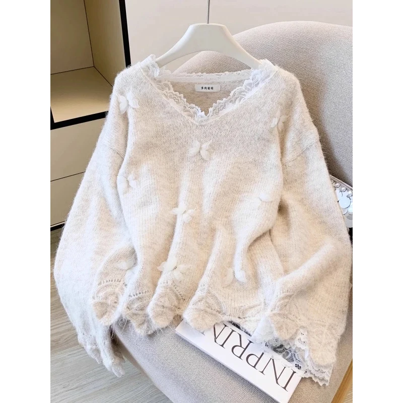 

Sweet Lace Trim Knitted Sweater Women's Loose Soft Autumn Winter Top Commute Sle Long Sve Regular Length