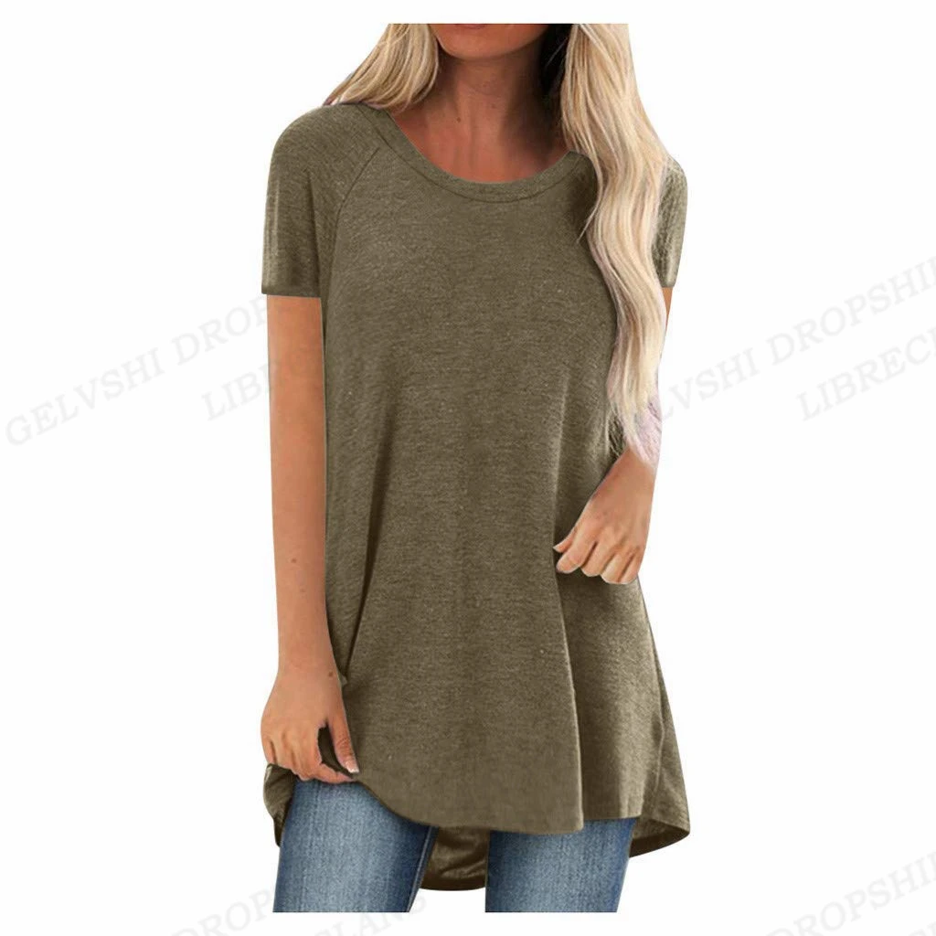 Solid Color Loose Long T shirt Women Fashion T-shirts 2023 Summer Women\'s T-shirt Women\'s Clothing short sleeve Tshirt Tunic Top