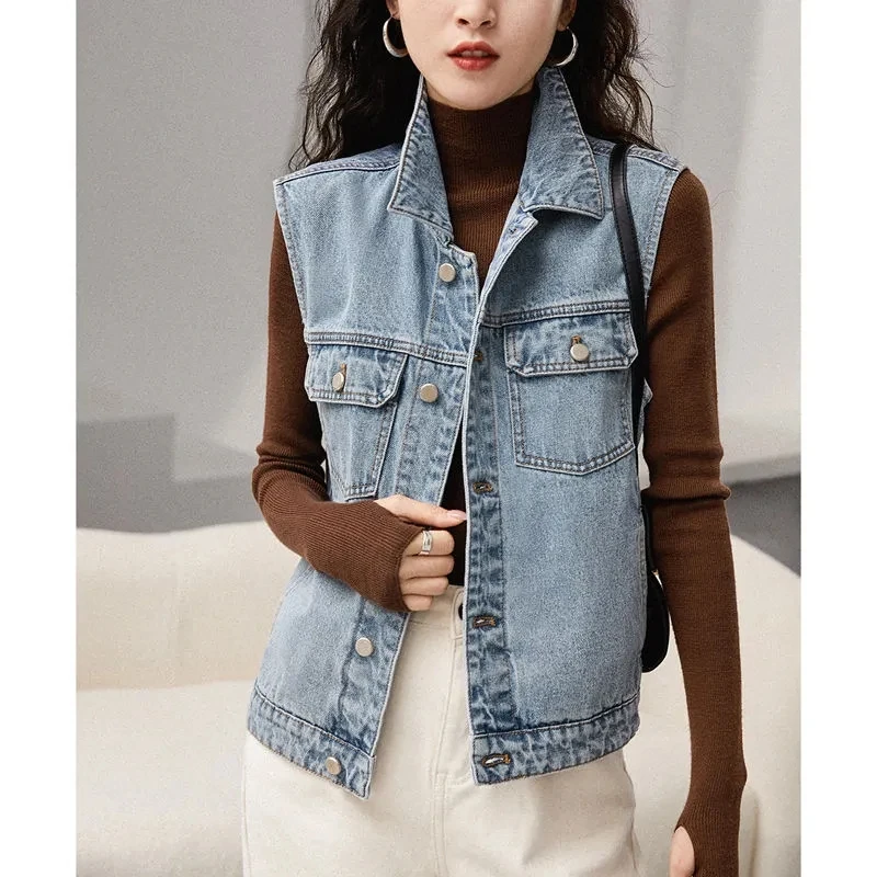 

Jean Jacket Vest Womens Fashion Loose Casual Denim Vests Ladies Sleeveless Waistcoat Blue With Pockets Top Female New Outerwear