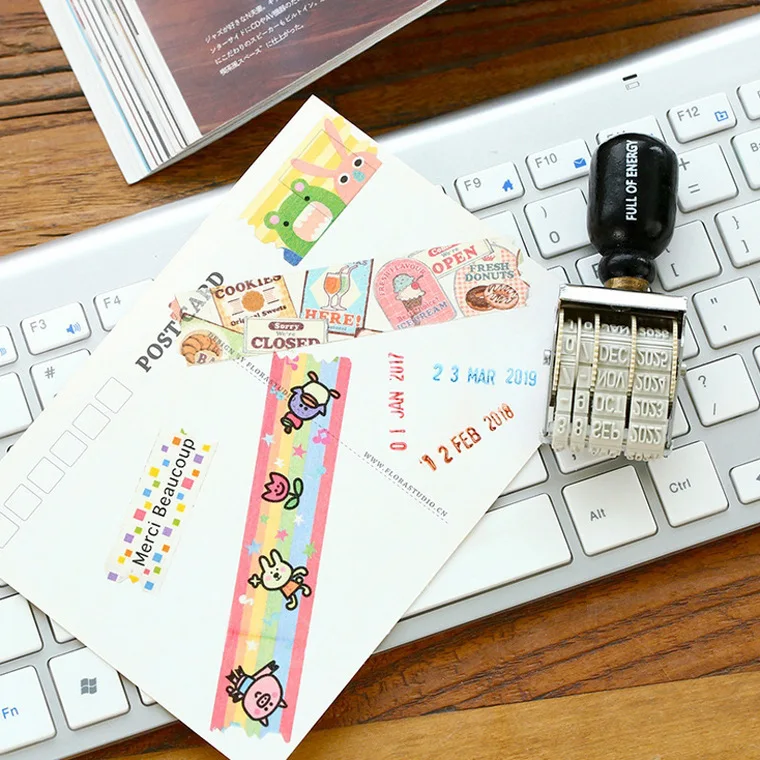 Retro Roller Date Stamp DIY Wooden Handle Date Digital for Craft Planner Scrapbooking Adjustable Date School Supplies Stationery
