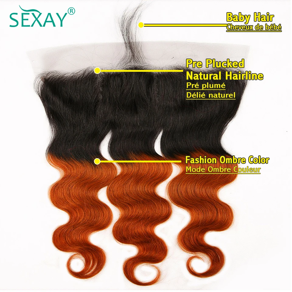 1B Orange Body Wave Bundles With Frontal Pre Plucked Ombre #350 Orange Color Human Hair Weave Bundles With 13x4 Lace Frontals