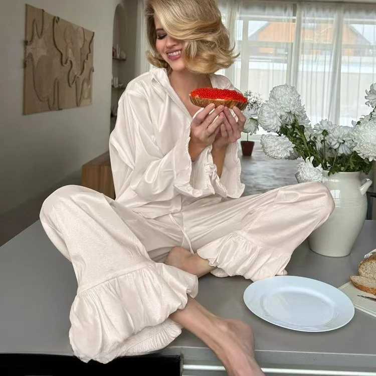 

Fashionable Pure Color Bell Sleeve Shirt And Pants Set Home Clothes Long Pants Casual Style Small Collar Button Closure