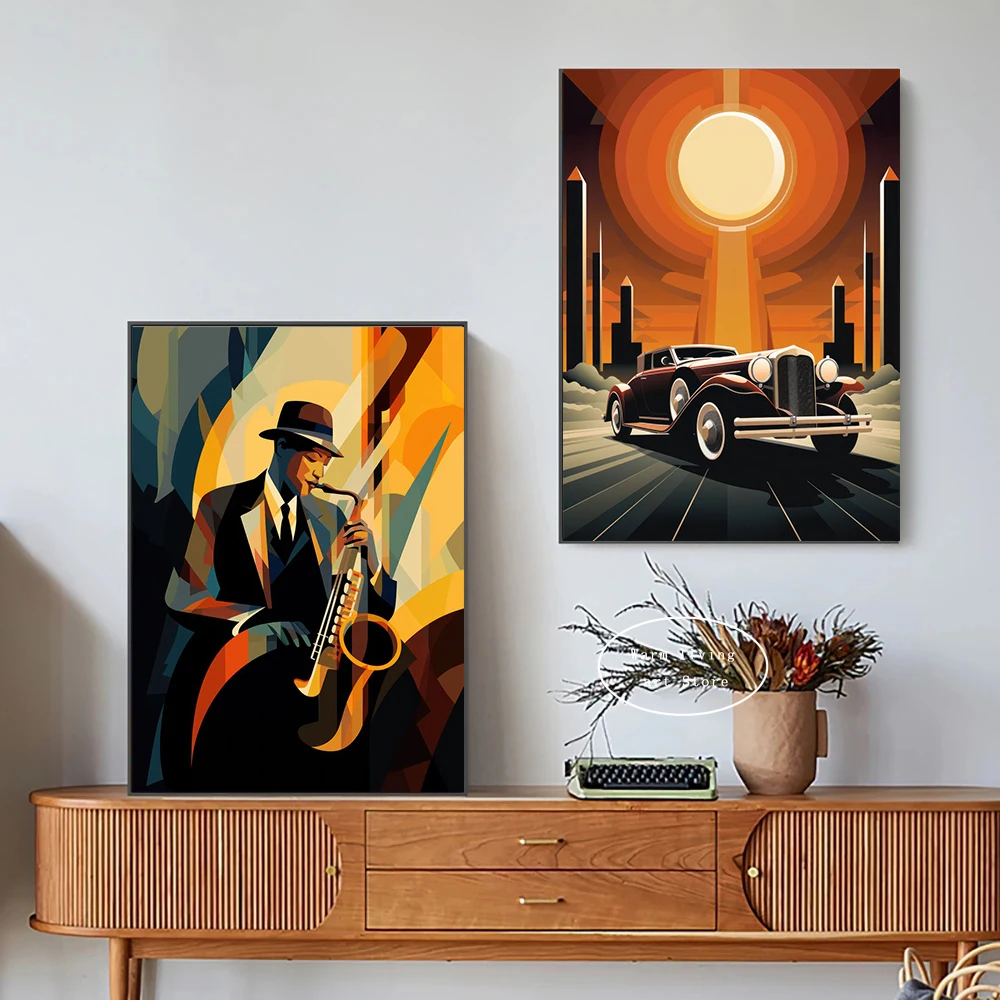 Retro Jazz Musician Saxophone Poster Prints Jazz Band Music Lady Singer Canvas Painting Wall Art Picture Living Room Home Decor