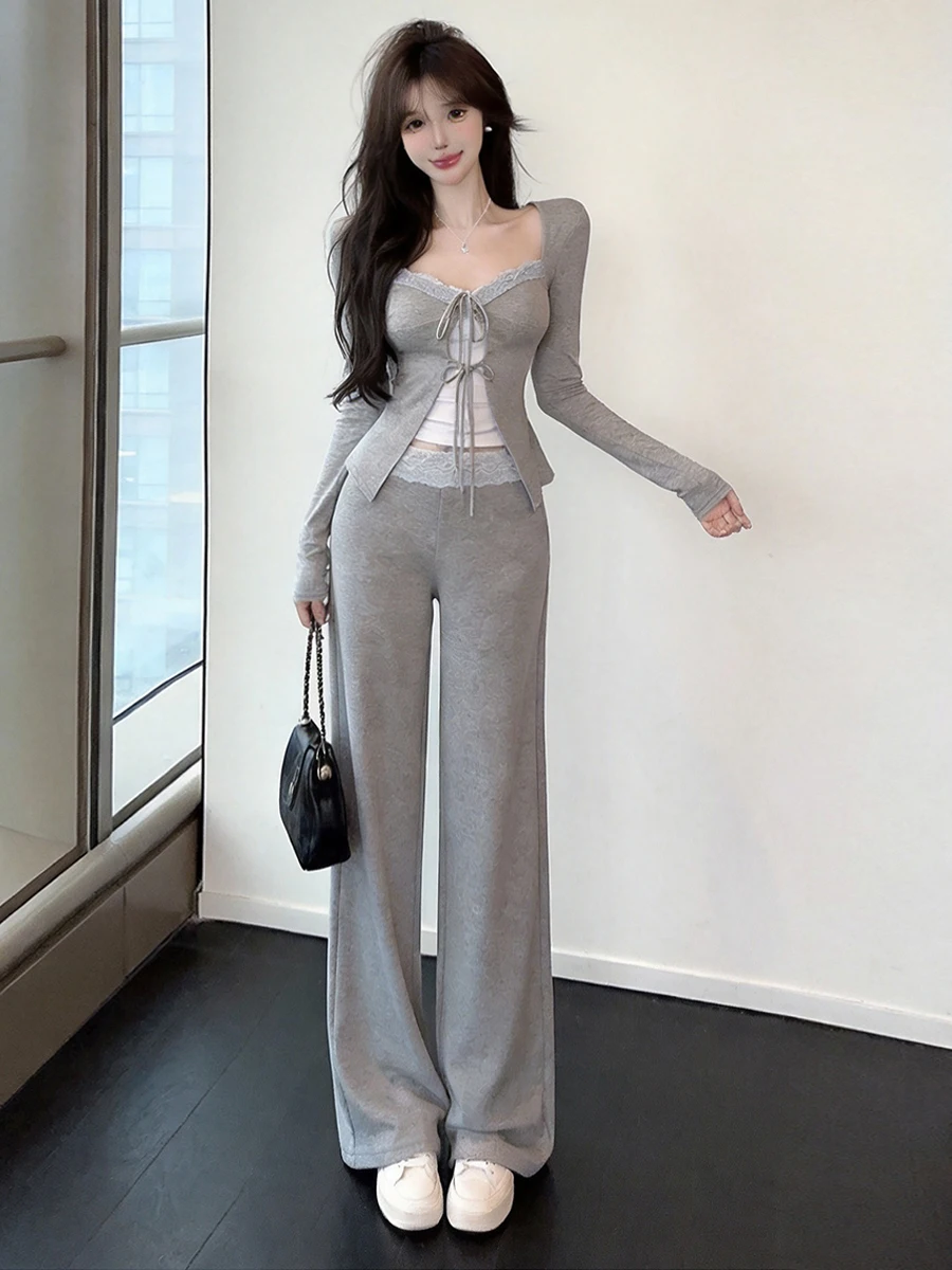 Sexy Lace Patchwork Color Block Design Loose Wide Leg Straight Pants Set Korean Style Long Sleeve Top And Bottoms Matching Ou...