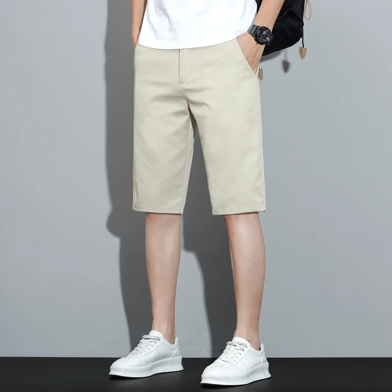 New Embroidery Casual Thin Shorts Men Summer Straight Elastic Business Fashion Short Pants Male Brand Khaki Beige Black Navy