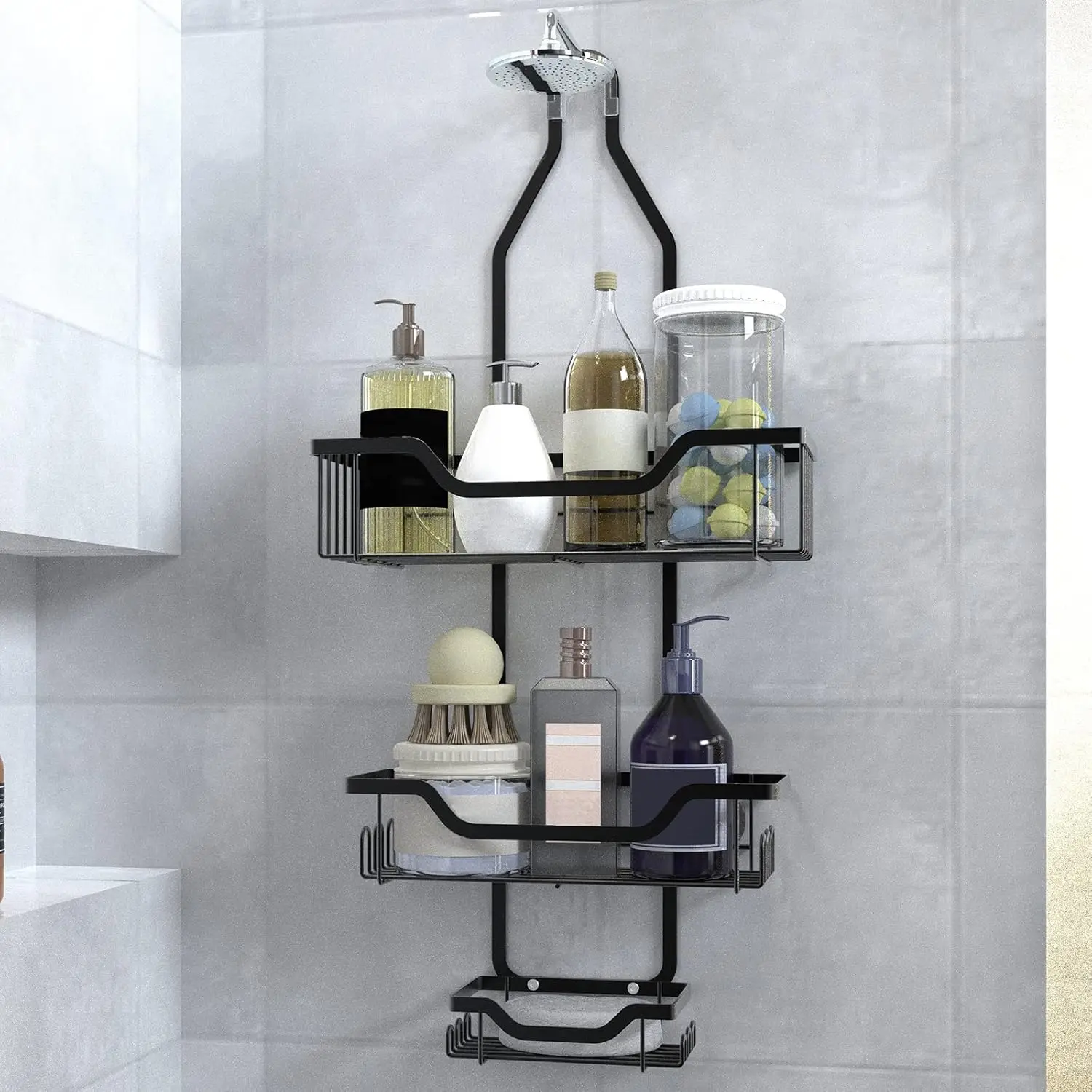

over the shower head caddy, Hanging Shower Organizer - 3-Tier Organizer with Soap Holder & Hooks for Towels, Sponge,Black