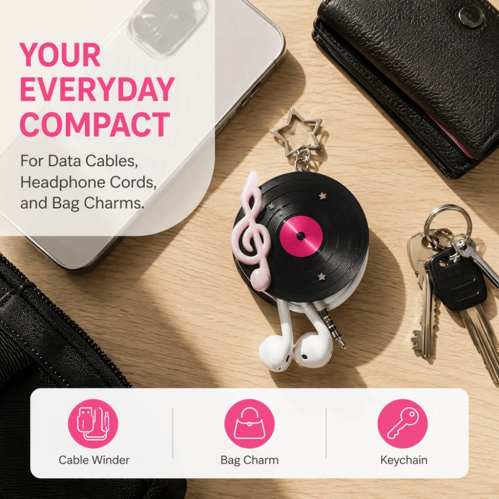 Y2K Vinyl Record Keychain Star Cord Management Disc Shape Earphone Cable Winder Korean Japan Style Anti Winding