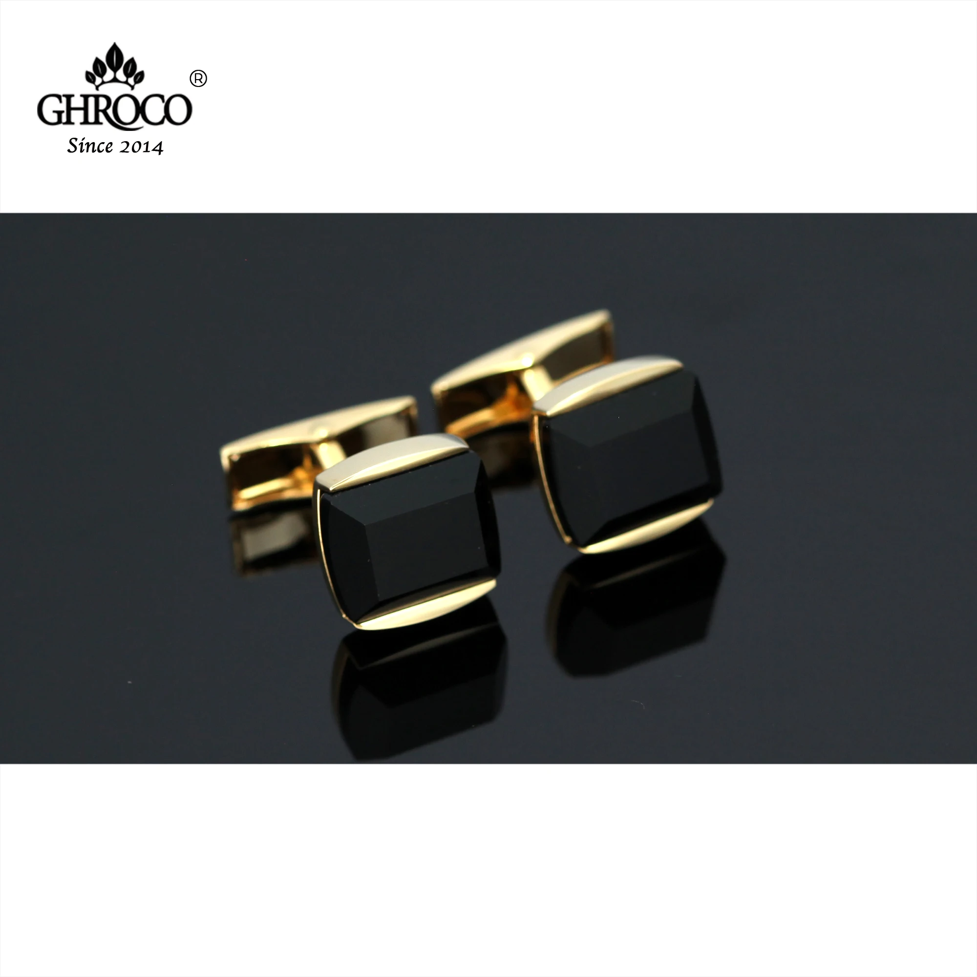 GHROCO High-Quality Luxury Black Glass Golden Square French Shirt Cufflinks Business Men Women and Wedding Fashion Luxury Gifts