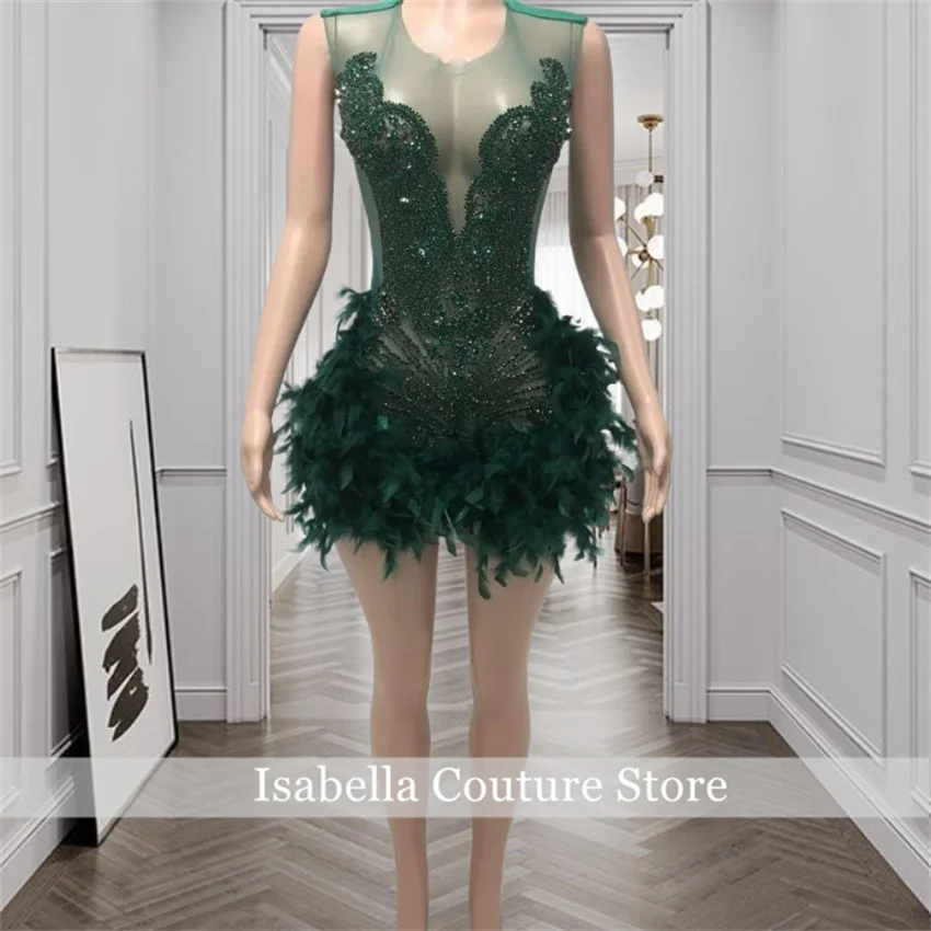

Emerald Green Rhinestones Sexy Short Prom Dress Feathers Glitter Beads Crystal Senior Party Cocktail Vestidos Customized