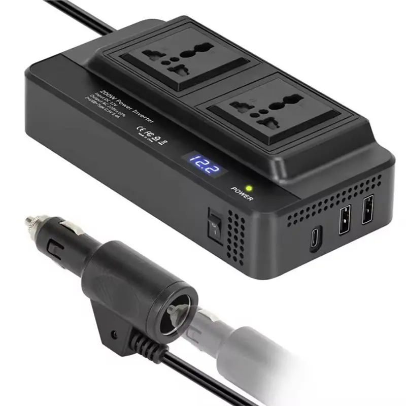 A33K-Car Inverter 12V/24V To AC 220V With 2 USB+ Type-C PD 20W Fast Charging 200W Socket Converter Automobile Power Conversion D