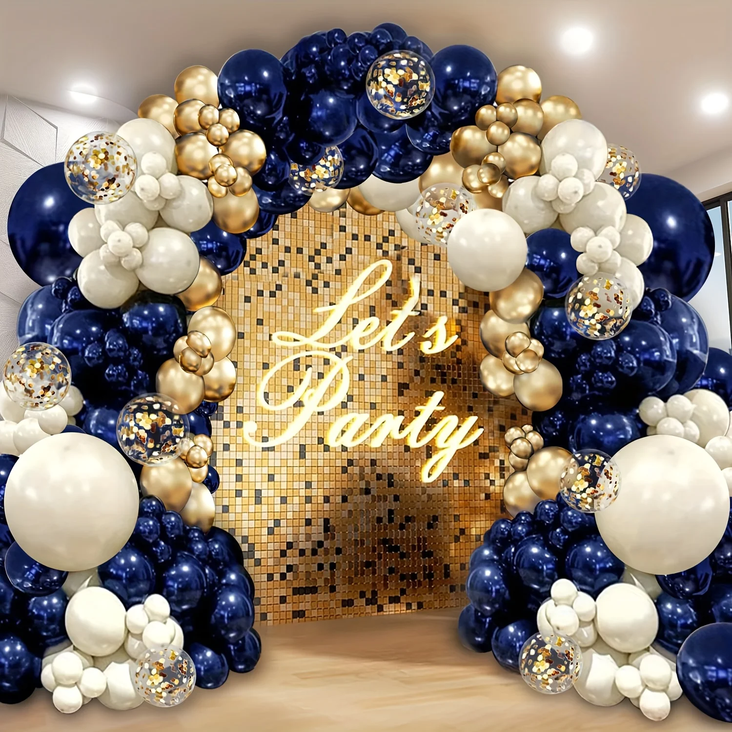 131pcs Navy Blue Gold Balloon Arch Kit Double Stuffed Pearl White Royal Blue Chrome with Confetti for New Year Graduation Birthday Wedding Baby Shower Party Decorations