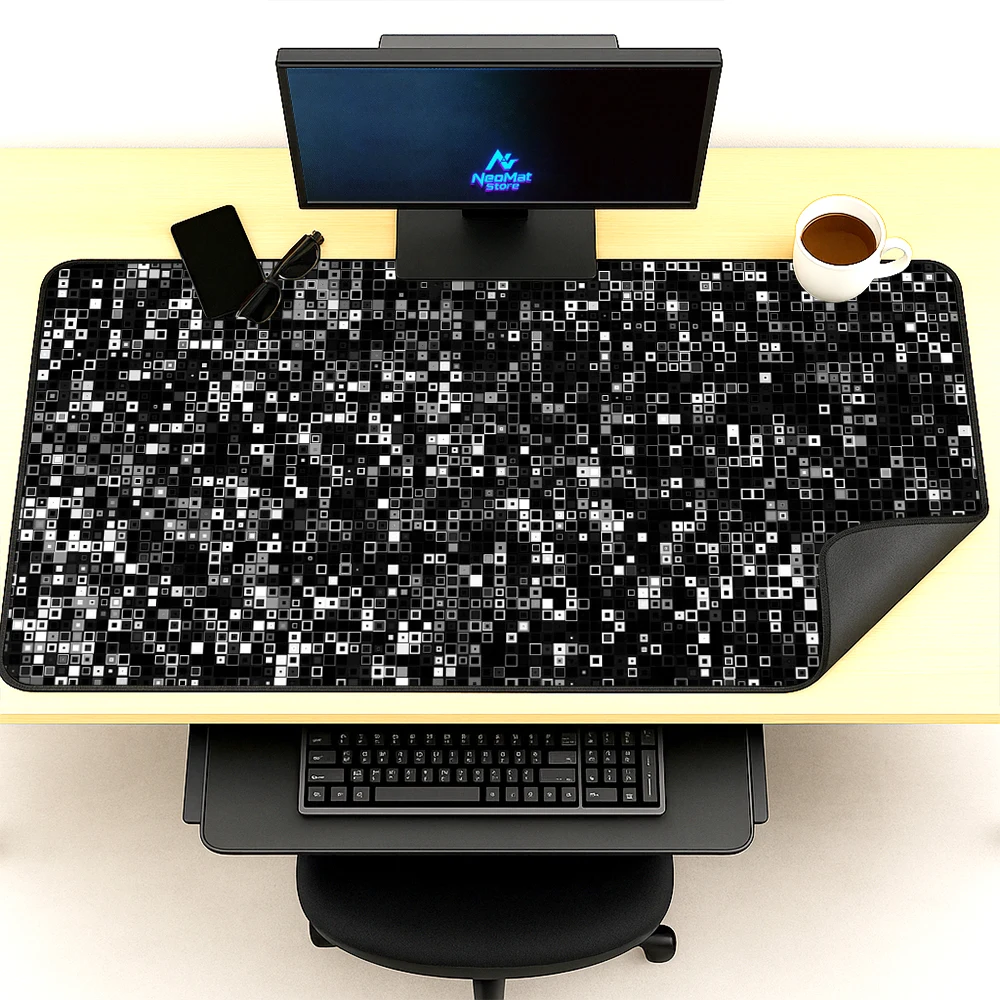 Desk Setup Black And White - Pixel Geometric Desk Mat Extra Large