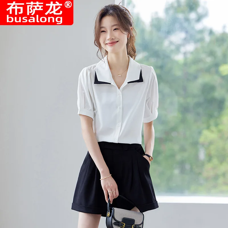 

Summer Women's New Style Chiffon Short Sleeved Shirt, Loose and Slimming Top,versatile for Workplace Commuting,solid Color Shirt