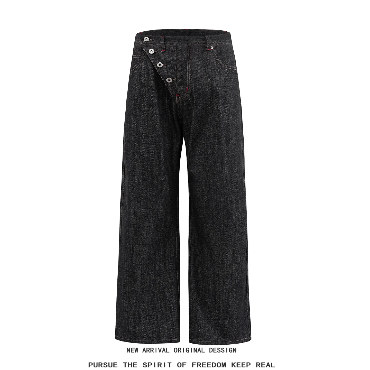 

Original Black Men's Jeans Button Decorated Slanting Zipper Wide Leg Casual Long Pants Straight Tube Jeans Youth Fashion