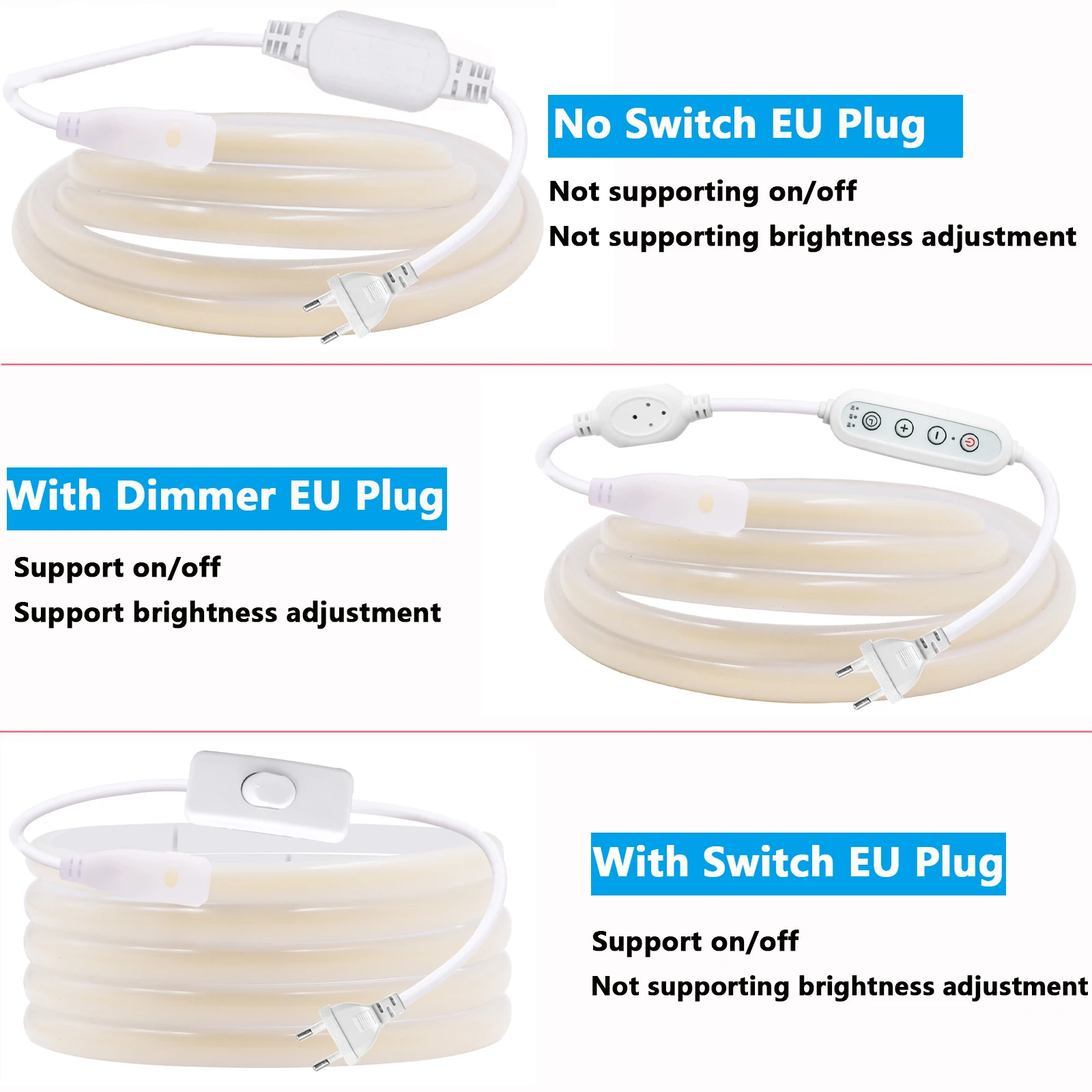 220V Dimmable Switch COB LED Strip Neon Light Dimmer Power Kit Waterproof 288LEDs Kitchen Room Decor Flex Lamp 3000K 4000K 6000K