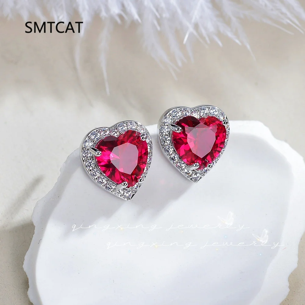 

Heart Created Red Ruby 925 Sterling Silver Stud Earrings For Women Gemstone Fine Jewelry Brincos de Prata Valentine's Day Gift