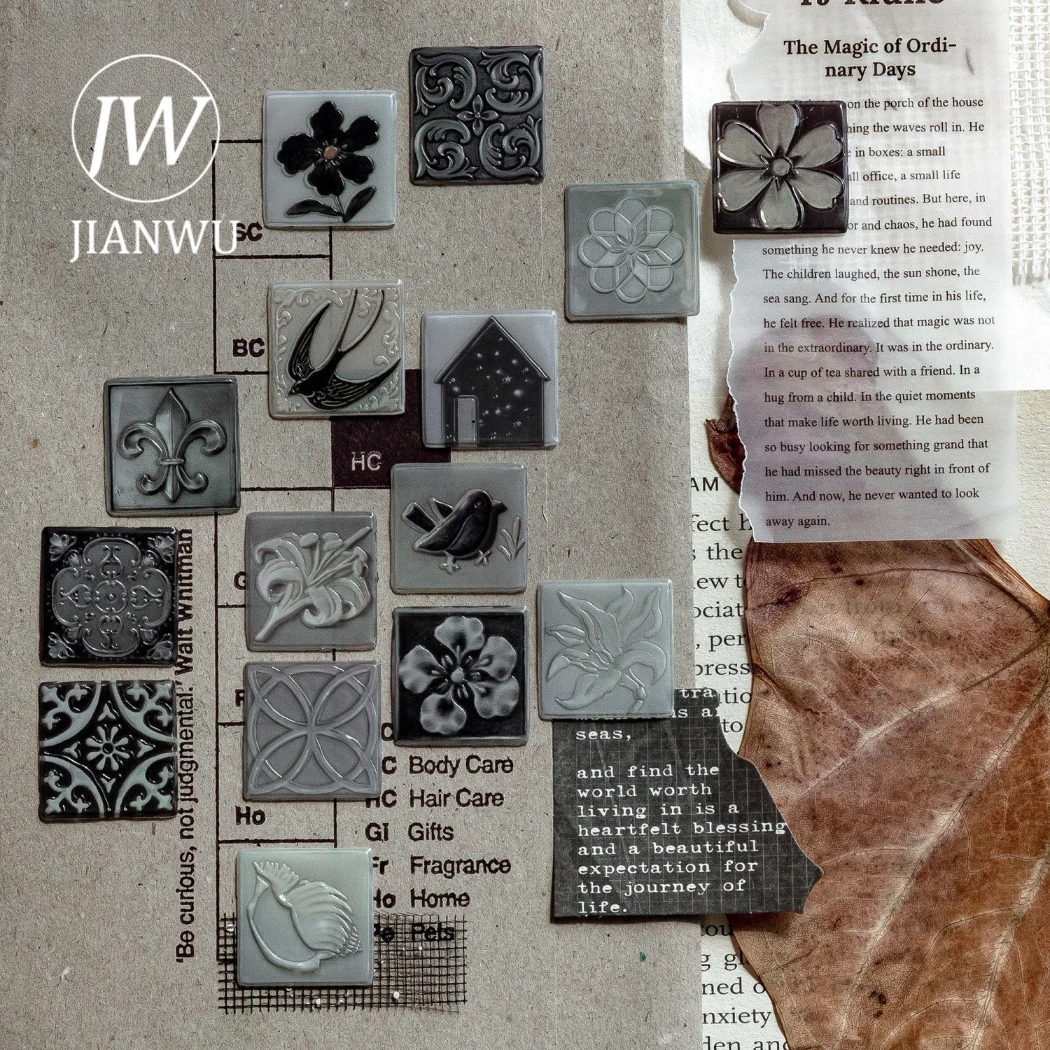 JIANWU Vintage Flower Tile Relief Landscape Material Collage Scrapbooking Epoxy Sticker Creative DIY Journal Stationery