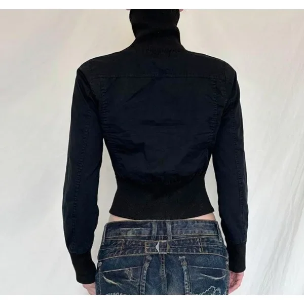 Ropa de calle negra con cremallera para mujer, novedad de invierno de 2025 con cuello alto, manga larga recortada, prendas de vestir Vintage Y2k para mujer, abrigos