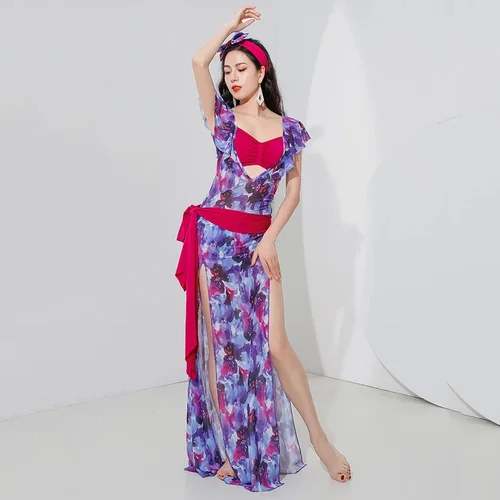 Imagen 2 del producto Uniforme de clase de danza del vientre para mujer, vestido Baladi con estampado de flores, vestidos Saidi, conjunto de traje folclórico para niñas, bata larga con diademas