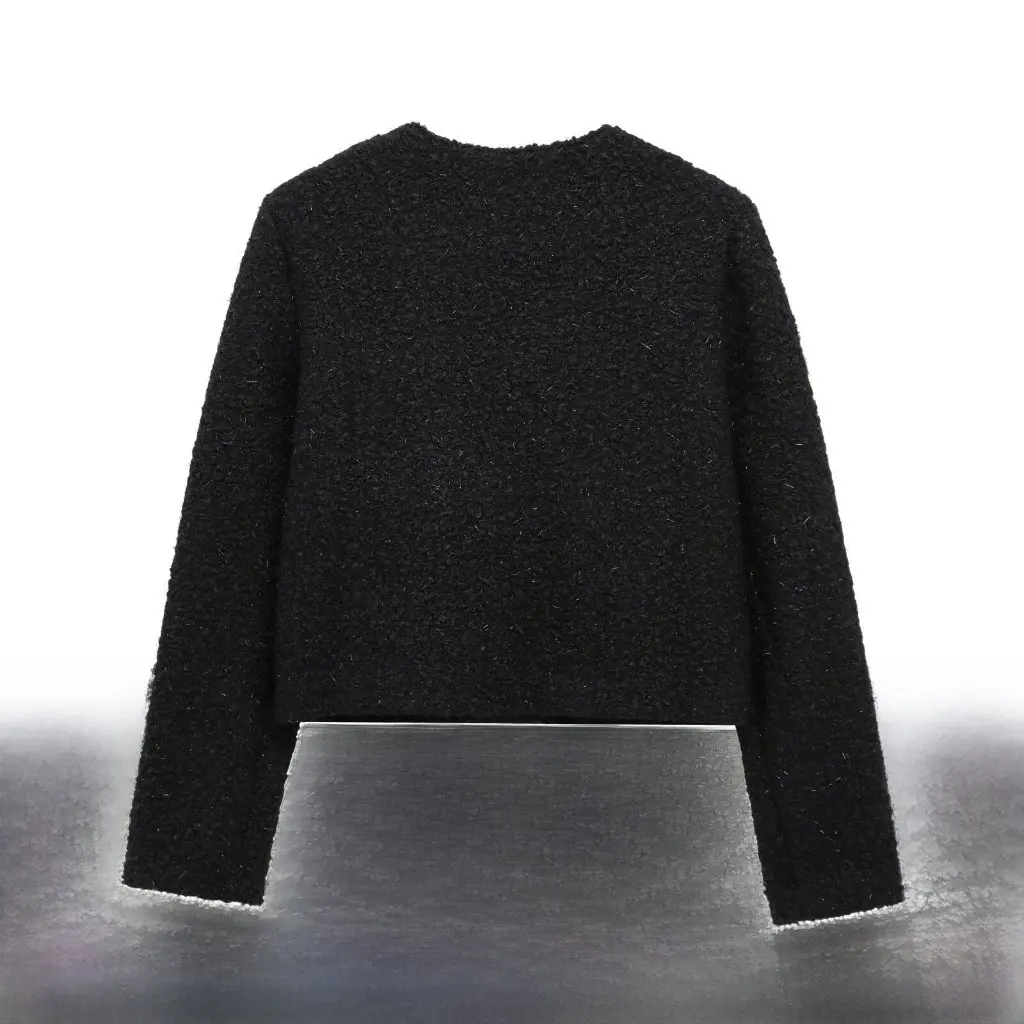 

Spring New European American Style Slub round Neck Cardigan Jacket Women's Long Sleeve Style Short Top