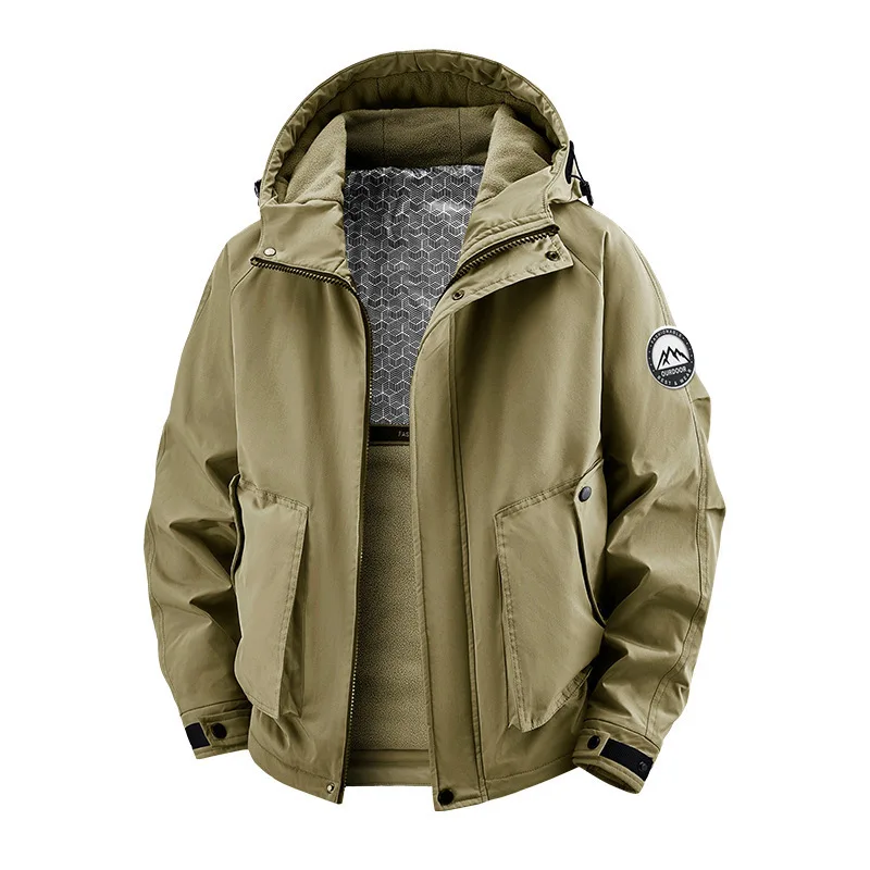 winter men's fashion trend with fleece jacket, multi pocket loose plus size cotton jacket, hooded windproof and warm jacket