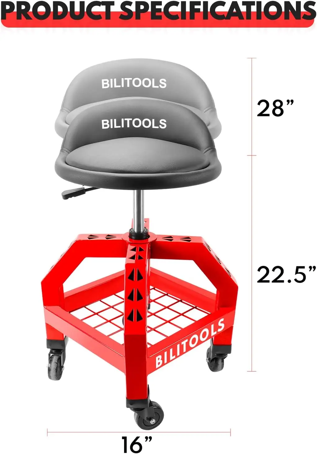 Adjustable Shop Stool, Rolling Garage Mechanic Stool With Wheels 300Lbs Capacity 16 Inch Oversized Shop Chair