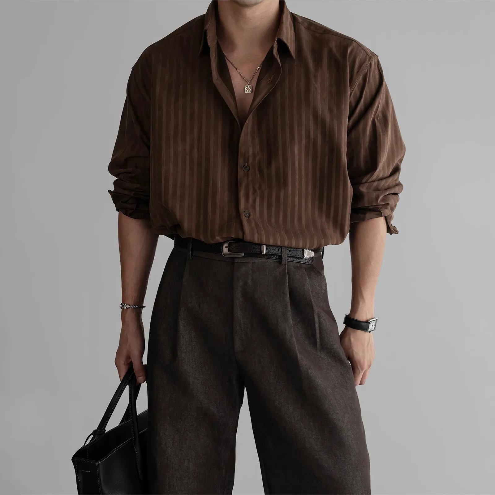 Textured Casual Long Sleeve Shirt For Men, Autumn Top, Vintage Mature Style, Heavyweight Vertical Striped Shirt, Trendy