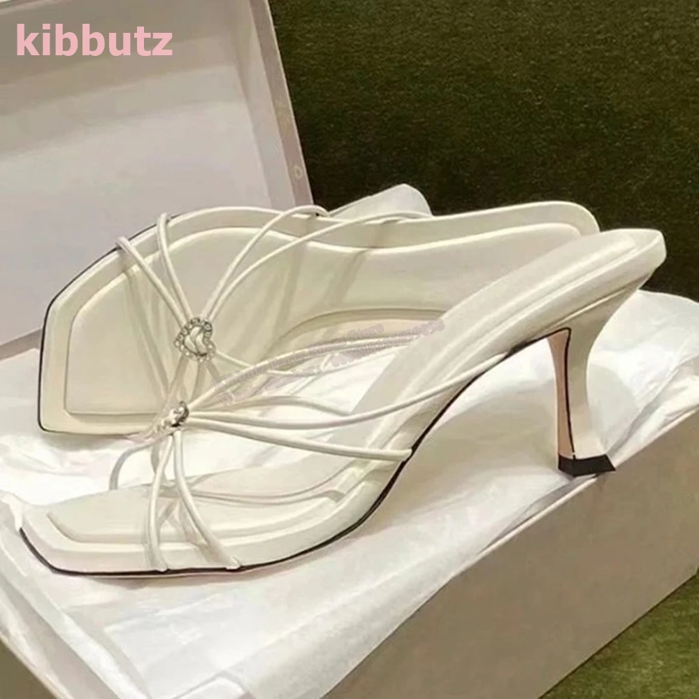 Crystal Slipper Sandals Square Toe Kitten Heel Genuine Leather Solid Color Slip-On Fashion Elegant Party Wedding Women Shoes New