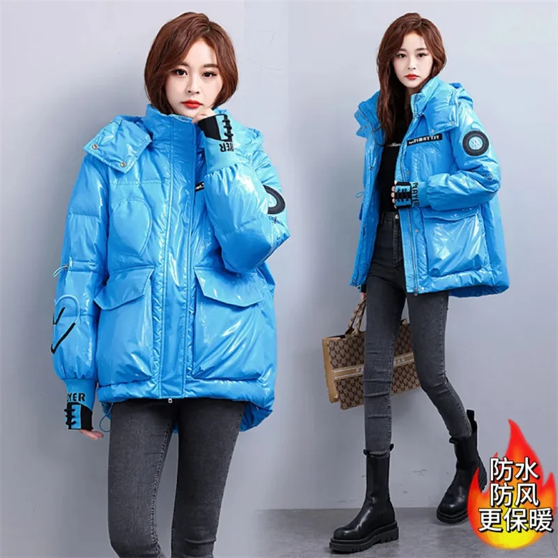 Winter Windproof Glossy Fashion Letter Embroidered Down cotton Jacket Women\'s Hooded Thick Warm Loose Coat Short cotton Parka