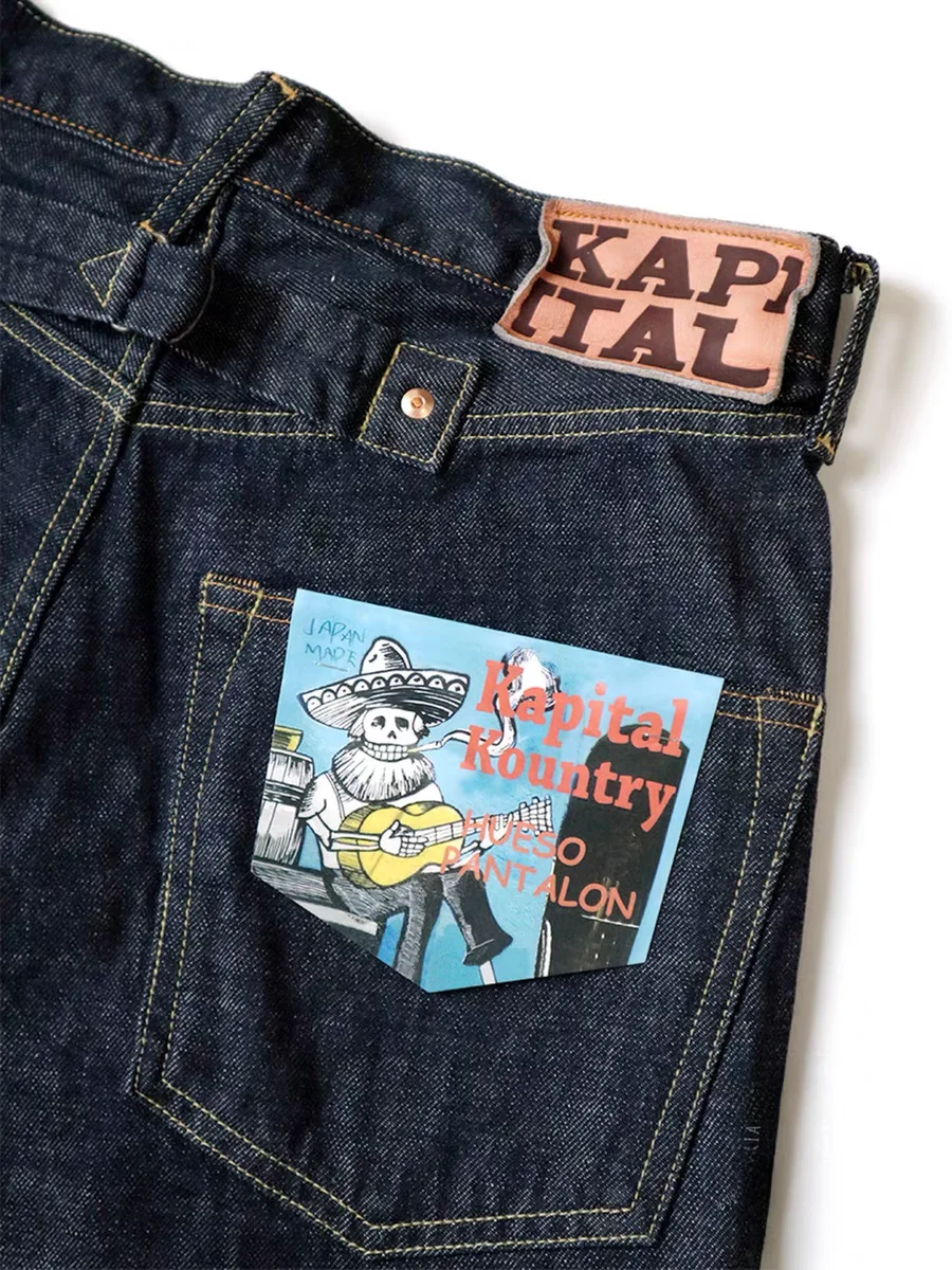 

KAPITAL Casual Bone Skeleton Pattern Embroidery Denim Jeans Loose Straight Leg Vintage American Sle Youth Faion