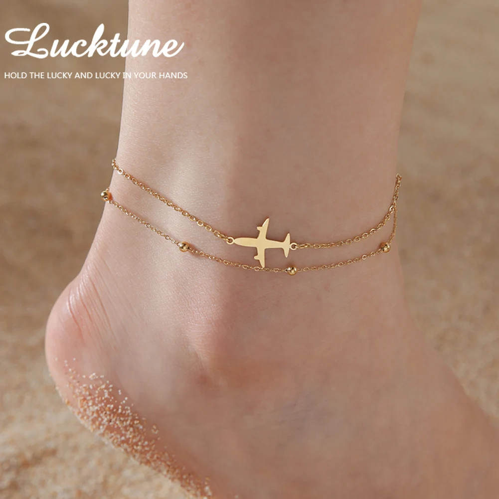 Lucktune Airplane Pendant Anklet for Women Stainless Steel Aircraft Plane Double Bead Chain Foot Chain Boho Summer Beach Jewelry