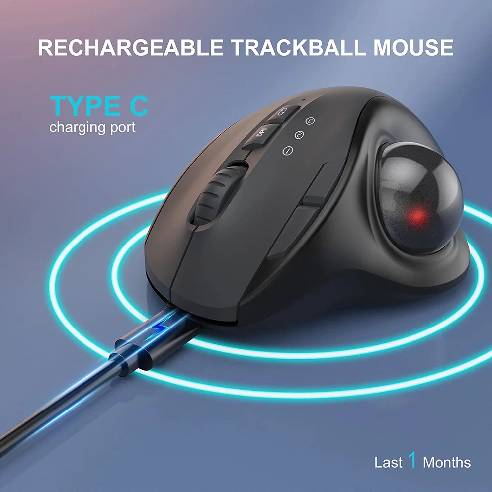 Souris Trackball sans fil noire 2.4G + Bluetooth, Rechargeable, ergonomique, commande au pouce, pour jeu