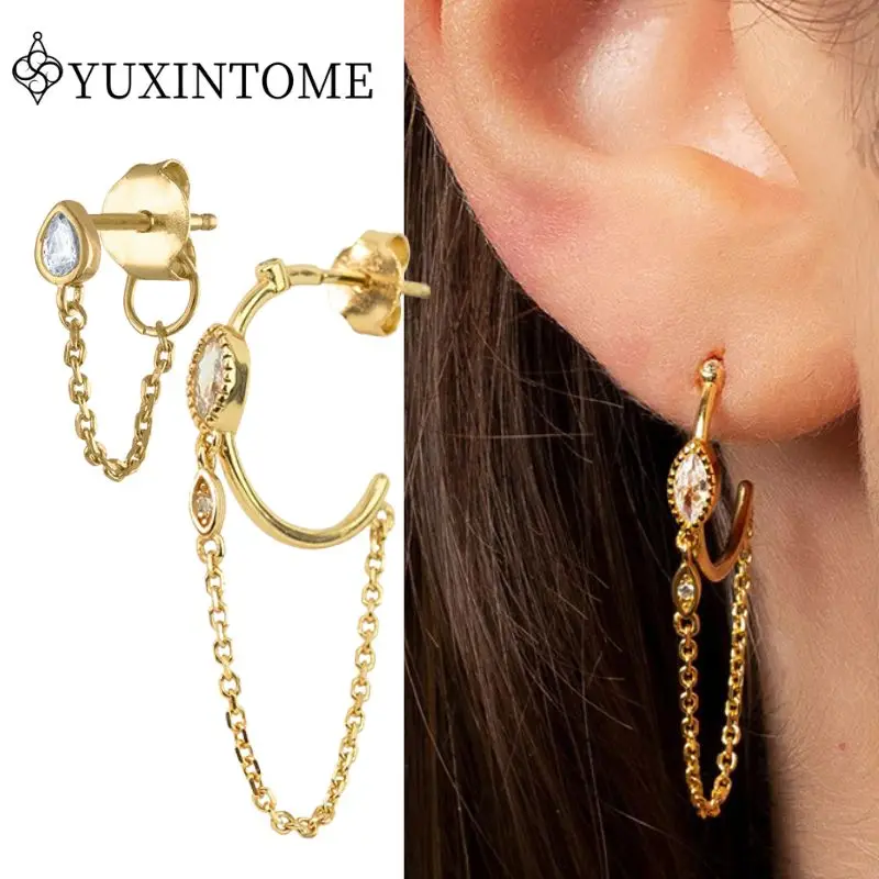 

925 Silver Needle Diamond Zircon Chain C-shaped Stud Earrings Water Drop Zircon Chain Earrings Temperament Fashion Party Jewelry