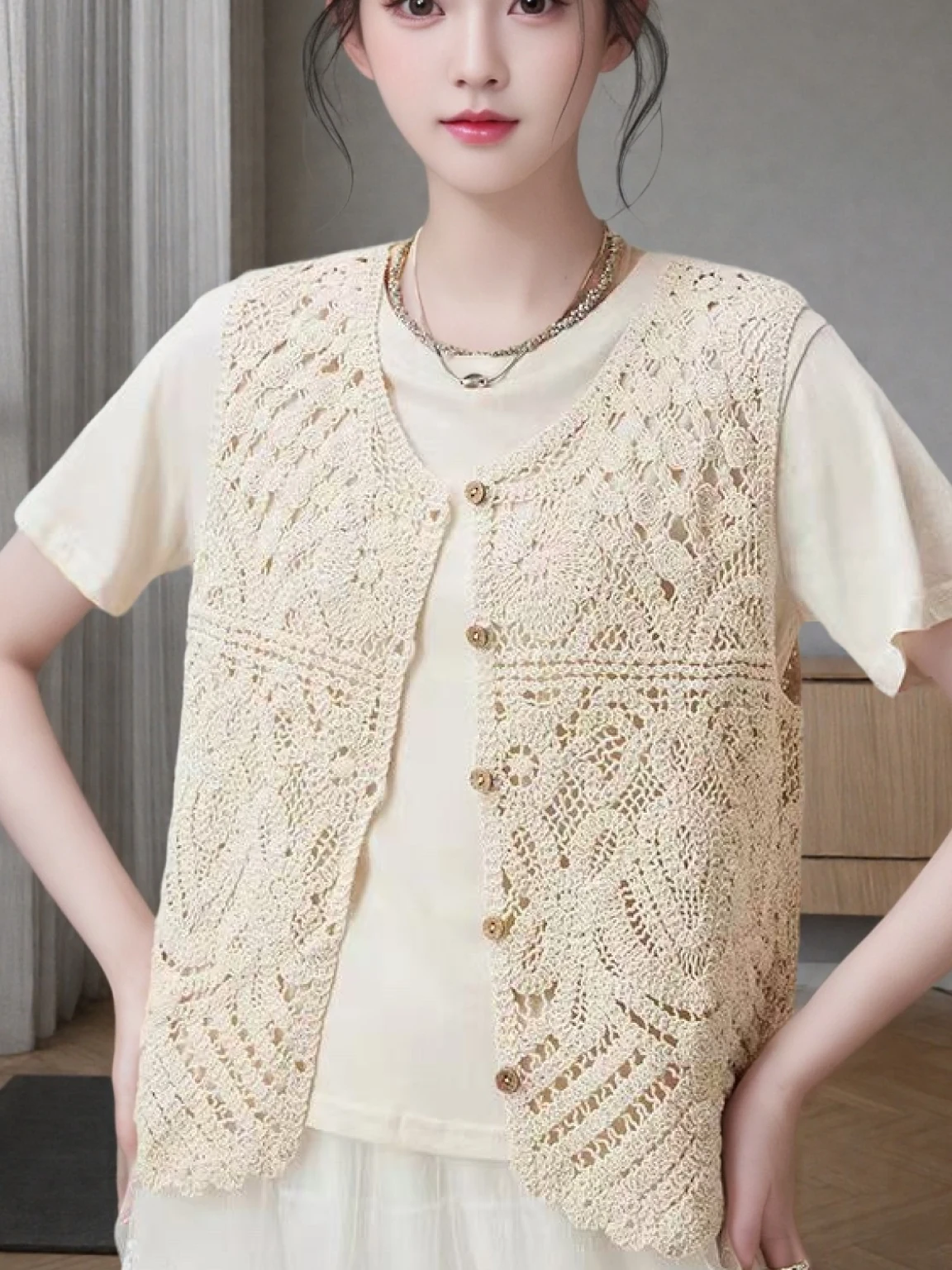 

00% Cotton round Ne Loose Fit Hook Embroidery White Apricot Vest Sli And Slimming Chinese Brand Commute Sle Summer Top