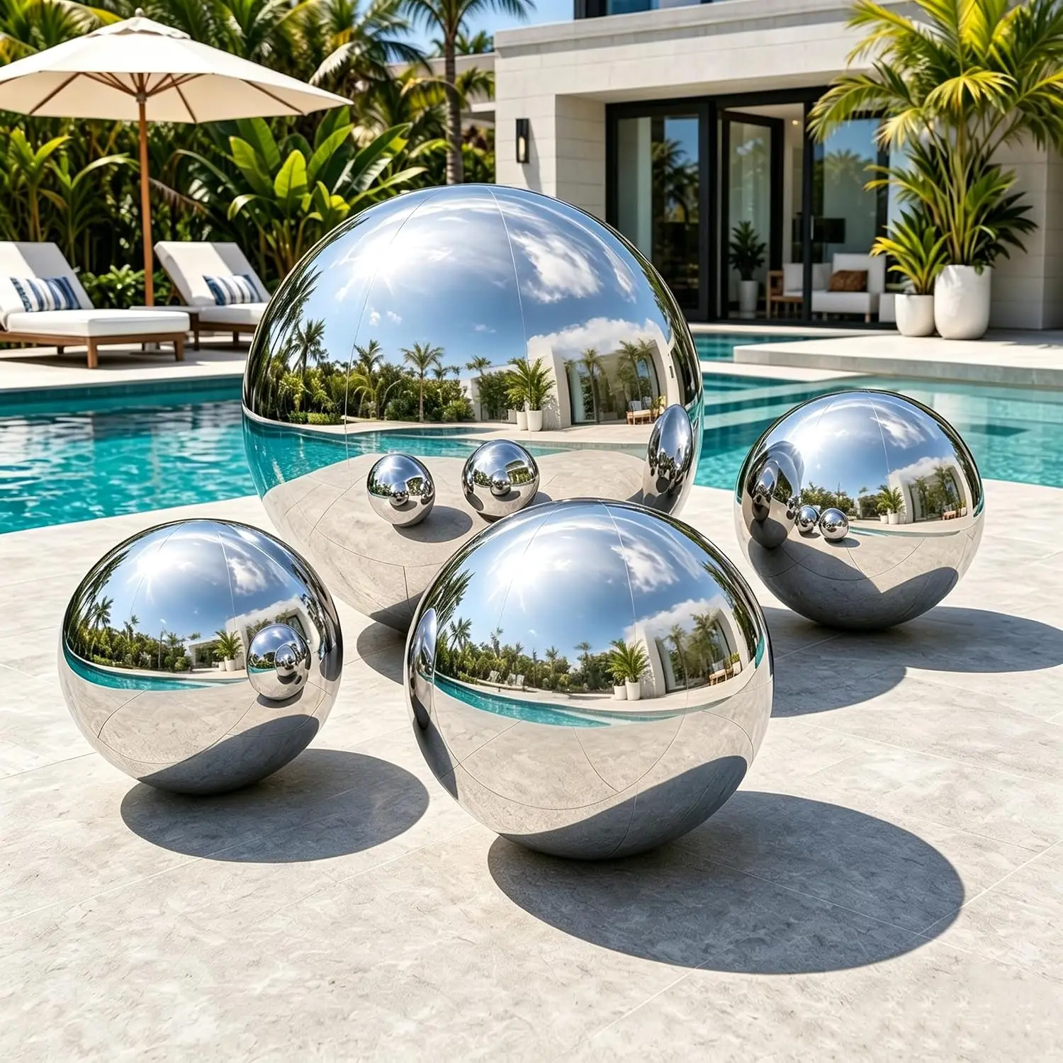 4PCS Silver Inflatable Mirror Ball Set Reusable PVC Large Event Decorations Hanging And Standing Balloons with Electric Pump