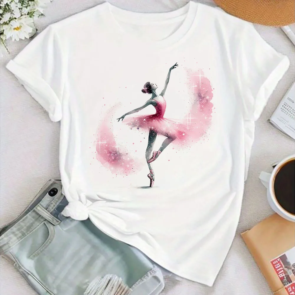Akwarela baleriny koszula z nadrukiem torba balernica strój tancerza T-shirt damskie letnie ubrania topy dziewczęca koszulka z krótkim rękawem koszule damskie — zdjęcie 4