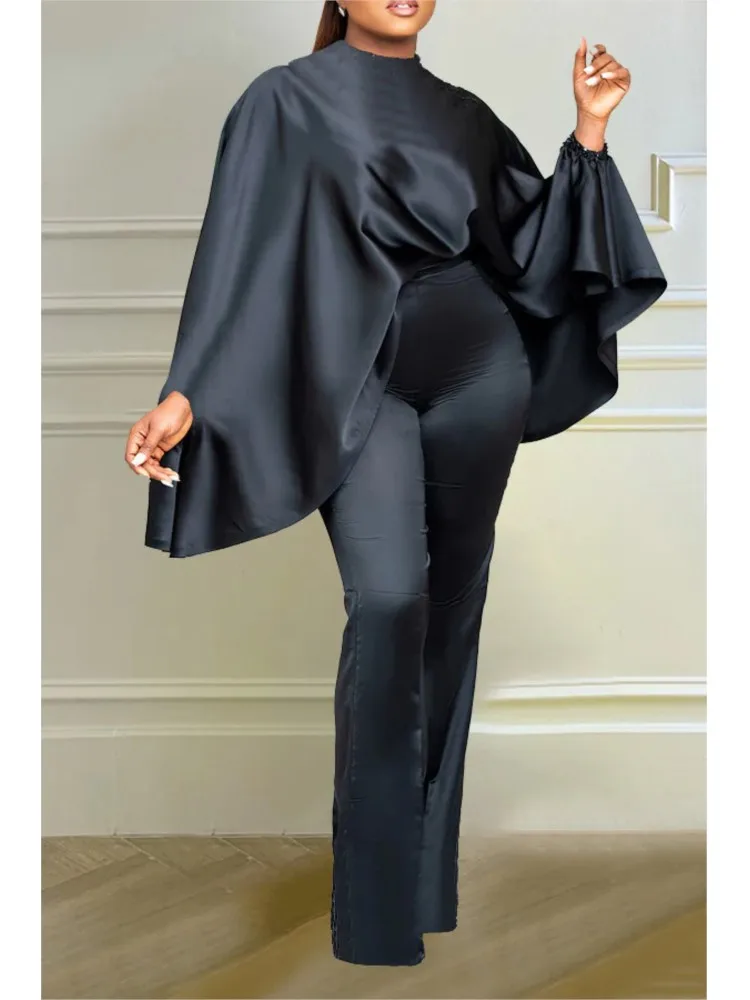 

2025 Autumn Winter Fashion Satin Long Cloak Sleeve O-neck Two Piece Set Women Elegant Solid Loose Batwing Sleeves Top Pants Set