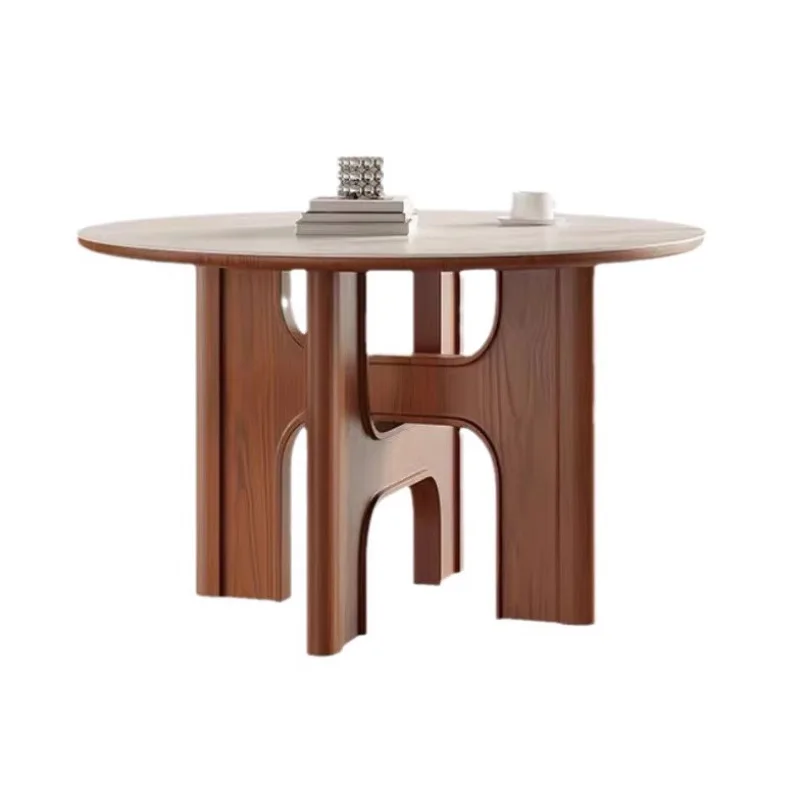 

Medieval style solid wood rock slab combination small apartment home living room French retro high-end round dining table