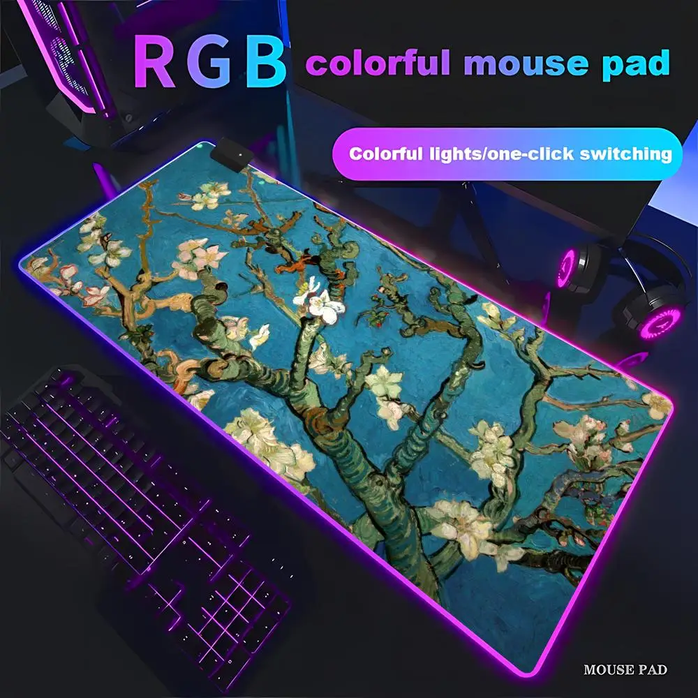 HYBXAXC Van Gogh Almond Blossom Desk Mat Gaming Mouse Pad RGB Gaming Mouse HD Gamer LED Light XXL PC Gamer Keyboard Mat Desk