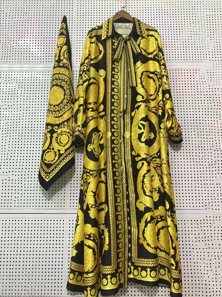 Designer-Retro-Geometrie-Print Hemdkleid mit Revers, Spitze, Einreiher, Langarm, Mode, Übergröße, Damen, lockerer, flauschiger Rock