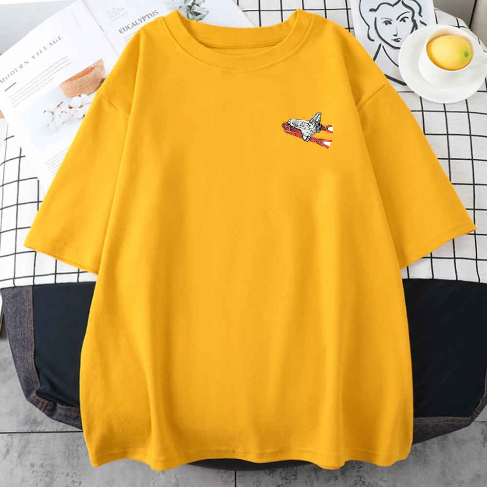 White Yellow Spaceship Prints Mens Cotton Short Sleeve Creativity Oversize Casual Tops O-Neck All-math Clothing Man T-Shirts