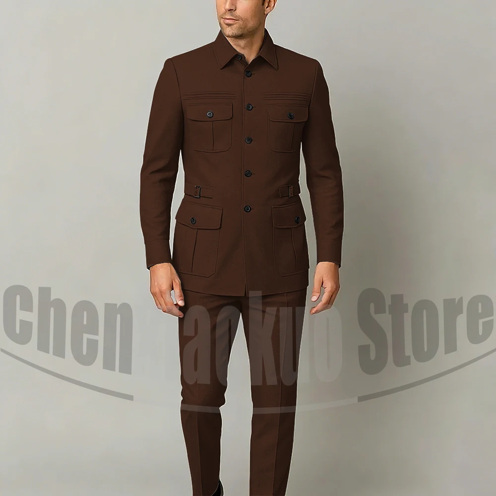 

Модный мужской костюм-двойка: шикарный однобортный пиджак с множеством карманов, однотонный, приталенный, для смарт-кэжуал и официальных мероприятий