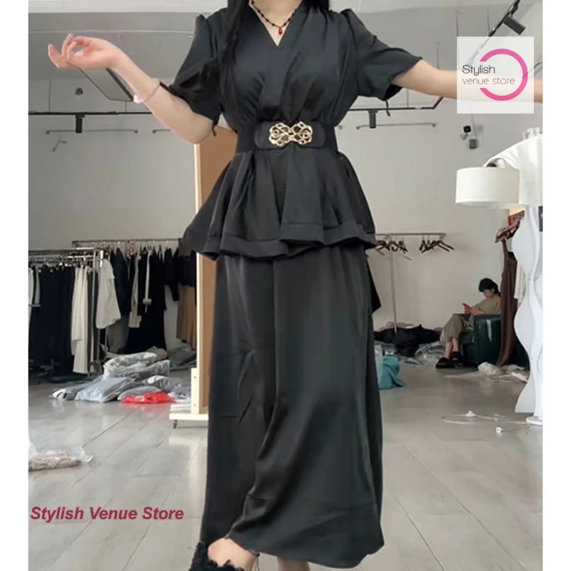 بدلة على الموضة الفرنسية صيف جديد الساتان الخصر الخامس الرقبة قصيرة الأكمام قميص عالية الخصر على شكل حرف A النمط الغربي بدلة من قطعتين