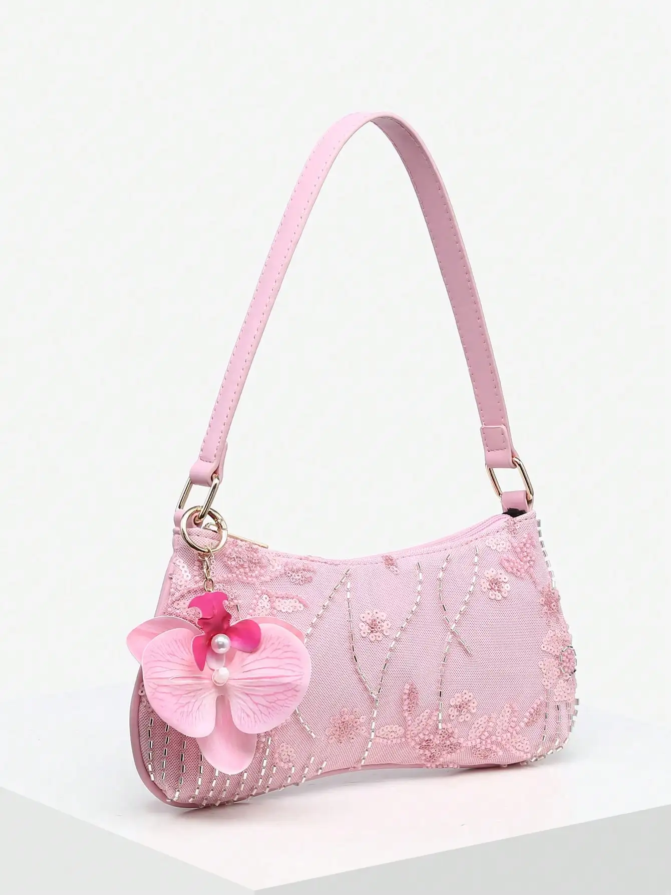 1pc Women's Vintage Vacation Marine Life & Floral Beaded Faux Fur Tail Woven Pendant Shoulder Underarm Baguette Bag, Suitable For Dating, Outing, Vacation sg260701155443079191848