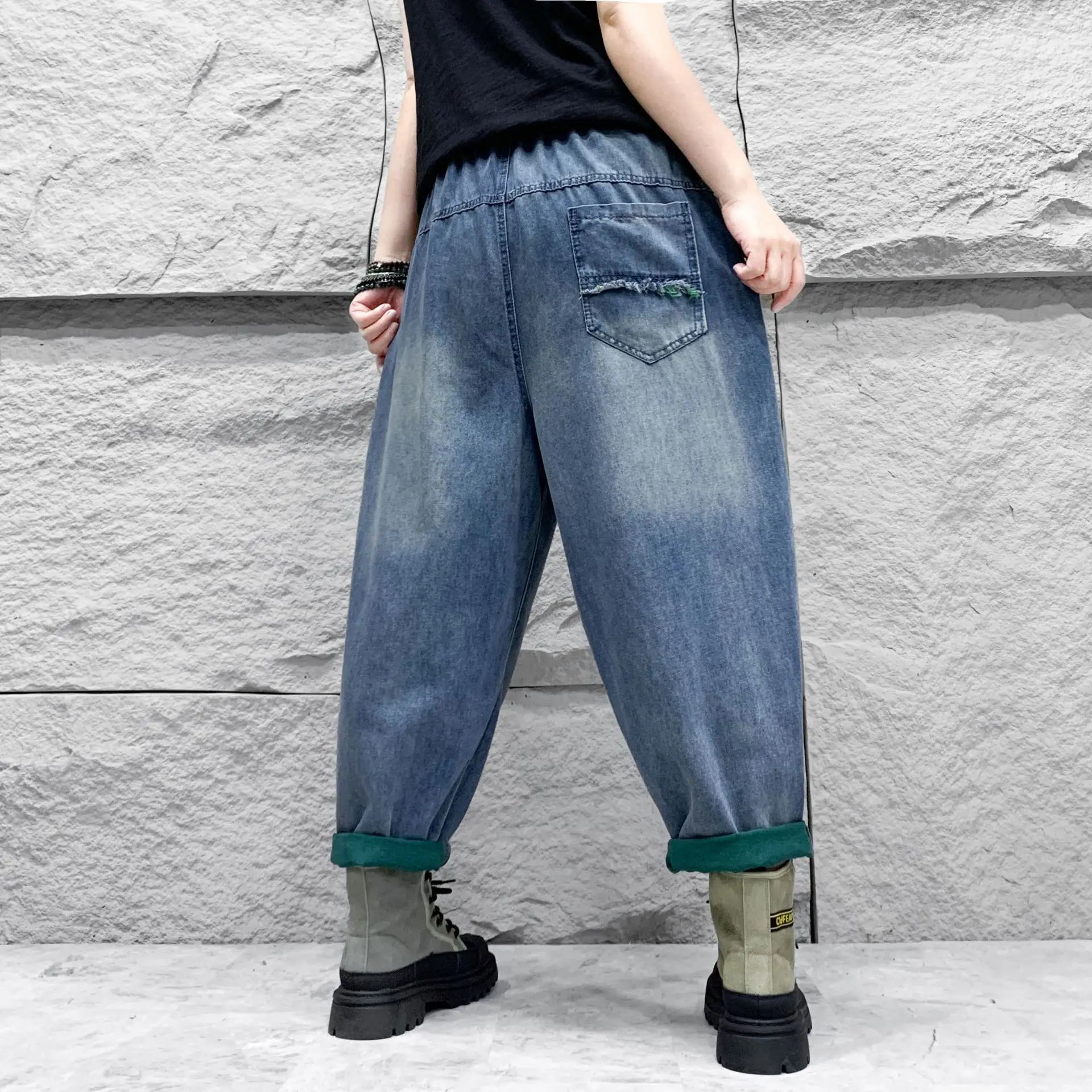 Woman Vintage Ethnic Style Distressed Washed Elastic Waist Denim Harem Pants New Spring 2024 Fashion Straight Ankle-length Jeans