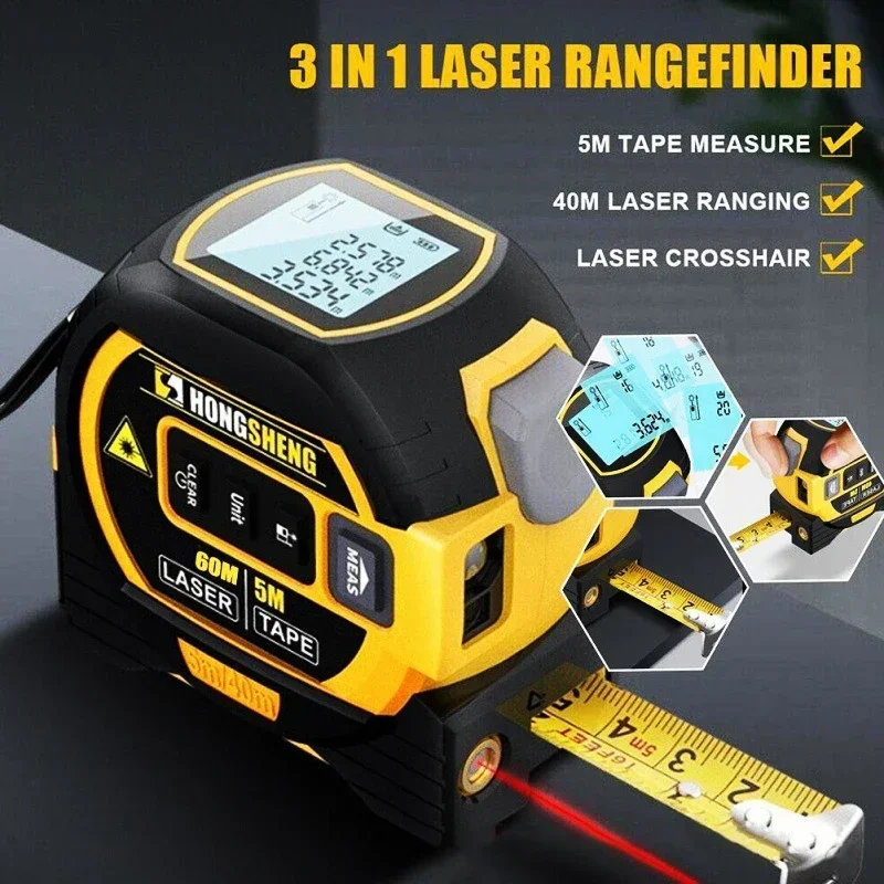 

3 in 1 Laser Rangefinder 5M Tape Measure 40M/60M Infrared High-precision LCD Display Distance Meter Measuring Instrument Tools